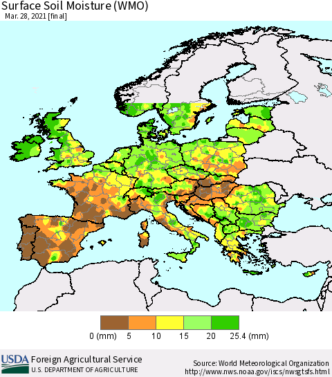 Europe Surface Soil Moisture (WMO) Thematic Map For 3/22/2021 - 3/28/2021