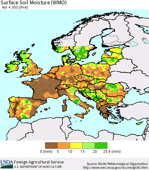 Europe Surface Soil Moisture (WMO) Thematic Map For 3/29/2021 - 4/4/2021