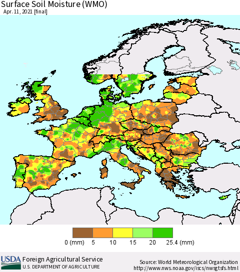 Europe Surface Soil Moisture (WMO) Thematic Map For 4/5/2021 - 4/11/2021