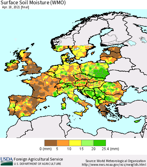 Europe Surface Soil Moisture (WMO) Thematic Map For 4/12/2021 - 4/18/2021
