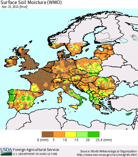 Europe Surface Soil Moisture (WMO) Thematic Map For 4/19/2021 - 4/25/2021