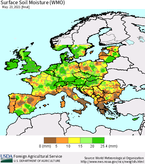 Europe Surface Soil Moisture (WMO) Thematic Map For 5/17/2021 - 5/23/2021