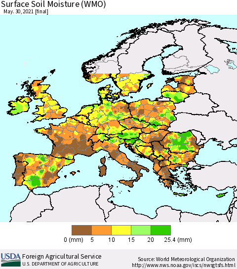 Europe Surface Soil Moisture (WMO) Thematic Map For 5/24/2021 - 5/30/2021