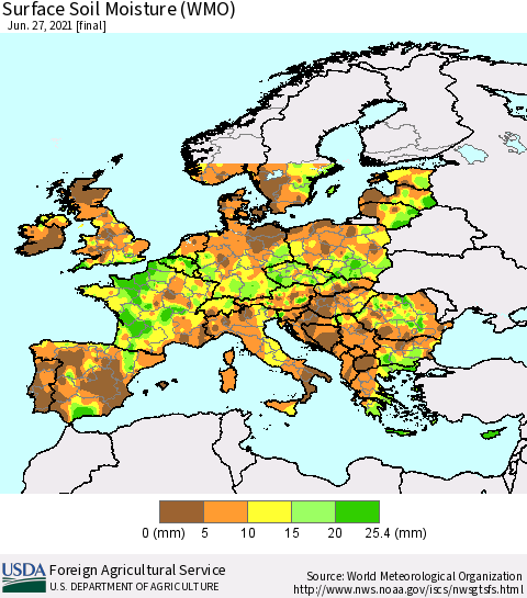Europe Surface Soil Moisture (WMO) Thematic Map For 6/21/2021 - 6/27/2021