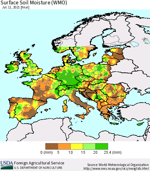 Europe Surface Soil Moisture (WMO) Thematic Map For 7/5/2021 - 7/11/2021