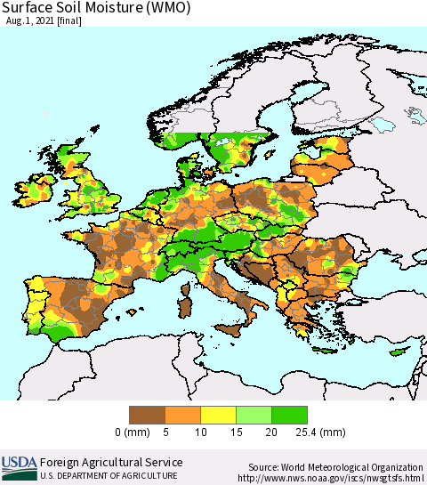 Europe Surface Soil Moisture (WMO) Thematic Map For 7/26/2021 - 8/1/2021