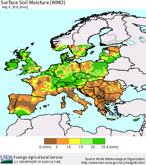 Europe Surface Soil Moisture (WMO) Thematic Map For 8/2/2021 - 8/8/2021