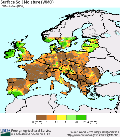 Europe Surface Soil Moisture (WMO) Thematic Map For 8/9/2021 - 8/15/2021