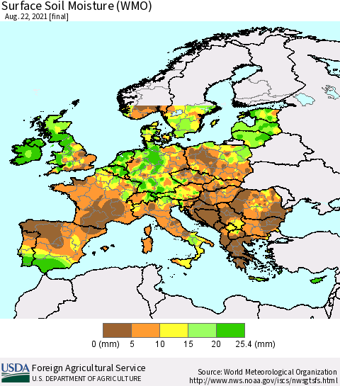 Europe Surface Soil Moisture (WMO) Thematic Map For 8/16/2021 - 8/22/2021