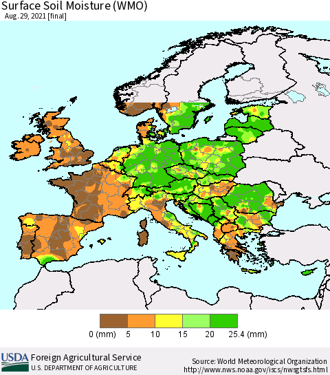 Europe Surface Soil Moisture (WMO) Thematic Map For 8/23/2021 - 8/29/2021