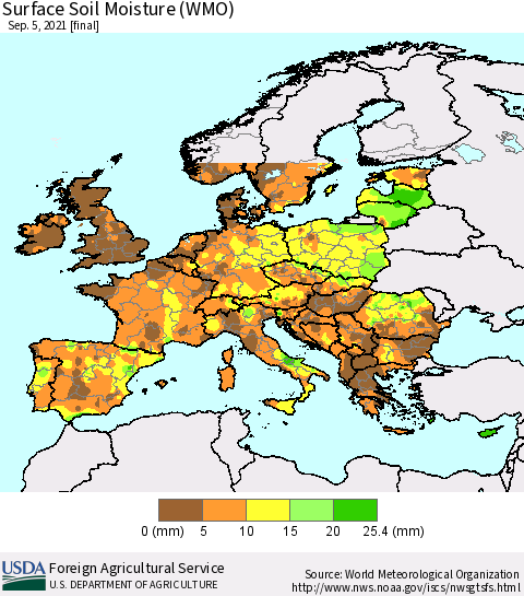 Europe Surface Soil Moisture (WMO) Thematic Map For 8/30/2021 - 9/5/2021