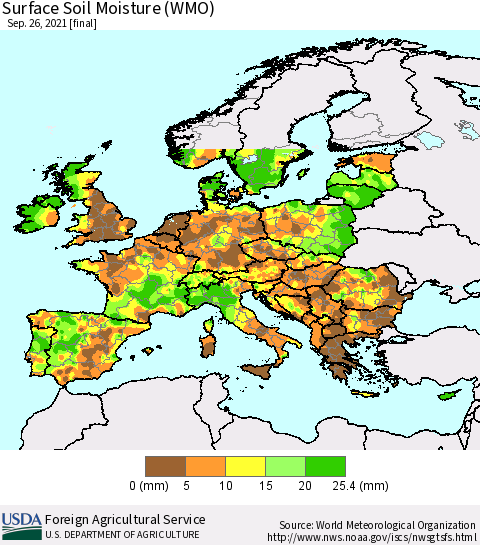 Europe Surface Soil Moisture (WMO) Thematic Map For 9/20/2021 - 9/26/2021