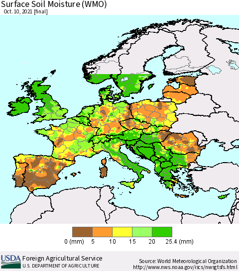 Europe Surface Soil Moisture (WMO) Thematic Map For 10/4/2021 - 10/10/2021