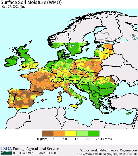 Europe Surface Soil Moisture (WMO) Thematic Map For 10/11/2021 - 10/17/2021