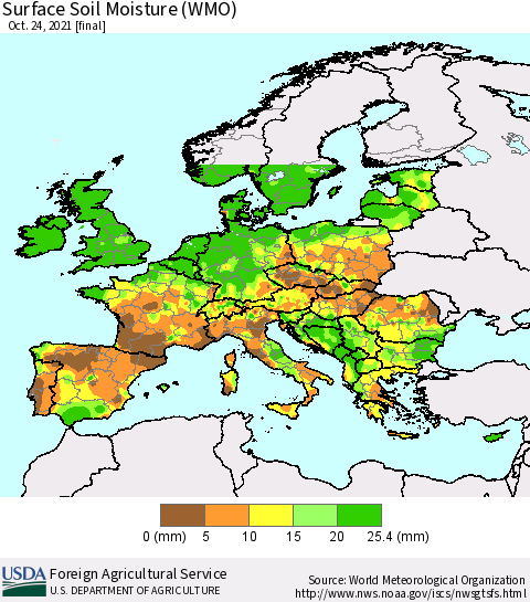 Europe Surface Soil Moisture (WMO) Thematic Map For 10/18/2021 - 10/24/2021
