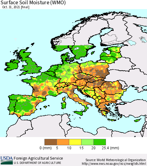 Europe Surface Soil Moisture (WMO) Thematic Map For 10/25/2021 - 10/31/2021