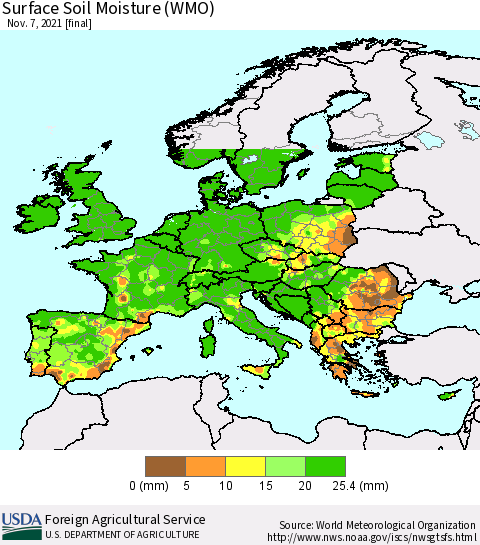 Europe Surface Soil Moisture (WMO) Thematic Map For 11/1/2021 - 11/7/2021