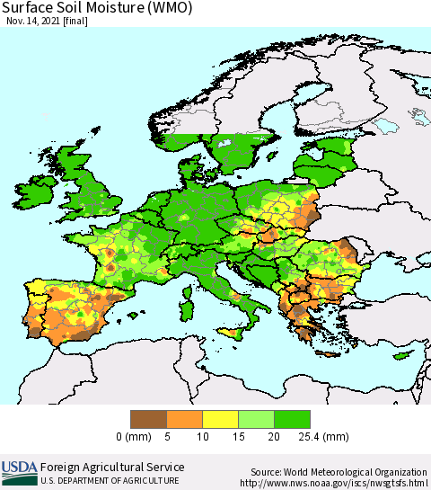 Europe Surface Soil Moisture (WMO) Thematic Map For 11/8/2021 - 11/14/2021