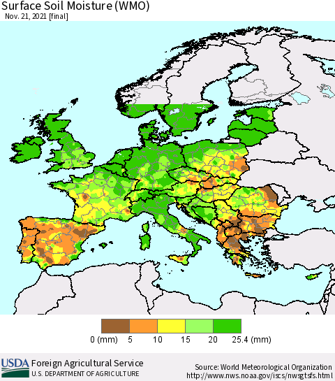 Europe Surface Soil Moisture (WMO) Thematic Map For 11/15/2021 - 11/21/2021