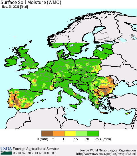 Europe Surface Soil Moisture (WMO) Thematic Map For 11/22/2021 - 11/28/2021