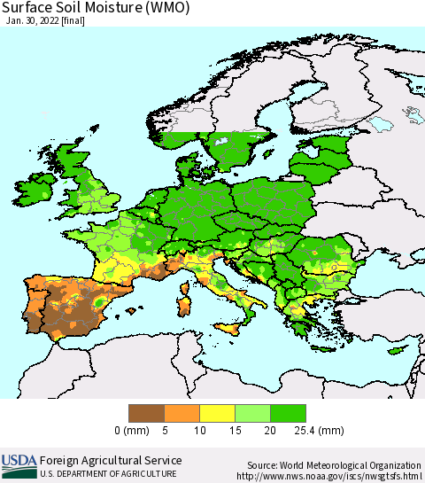 Europe Surface Soil Moisture (WMO) Thematic Map For 1/24/2022 - 1/30/2022