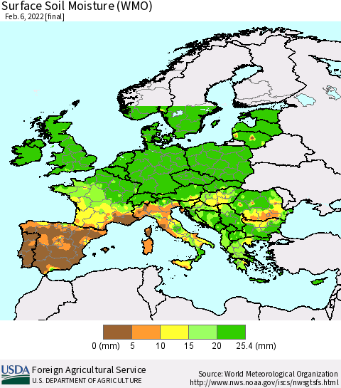 Europe Surface Soil Moisture (WMO) Thematic Map For 1/31/2022 - 2/6/2022
