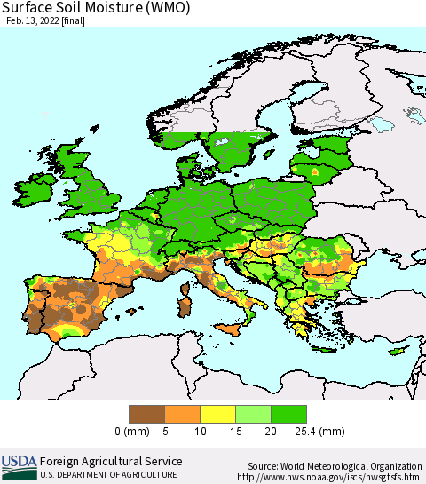 Europe Surface Soil Moisture (WMO) Thematic Map For 2/7/2022 - 2/13/2022