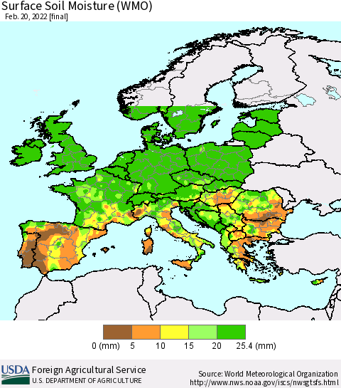 Europe Surface Soil Moisture (WMO) Thematic Map For 2/14/2022 - 2/20/2022