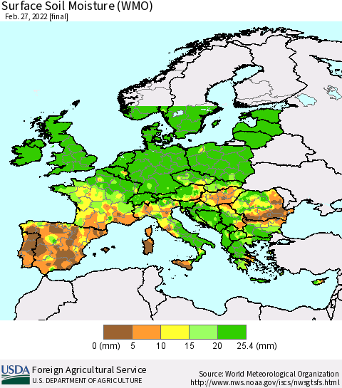 Europe Surface Soil Moisture (WMO) Thematic Map For 2/21/2022 - 2/27/2022