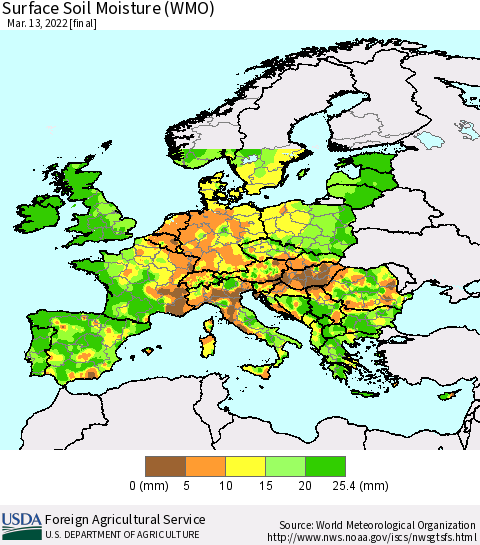 Europe Surface Soil Moisture (WMO) Thematic Map For 3/7/2022 - 3/13/2022