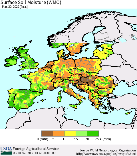 Europe Surface Soil Moisture (WMO) Thematic Map For 3/14/2022 - 3/20/2022