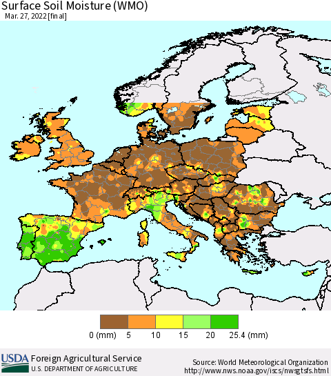 Europe Surface Soil Moisture (WMO) Thematic Map For 3/21/2022 - 3/27/2022