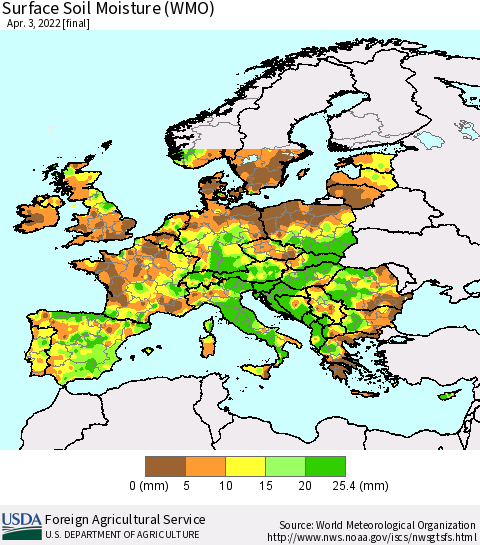 Europe Surface Soil Moisture (WMO) Thematic Map For 3/28/2022 - 4/3/2022