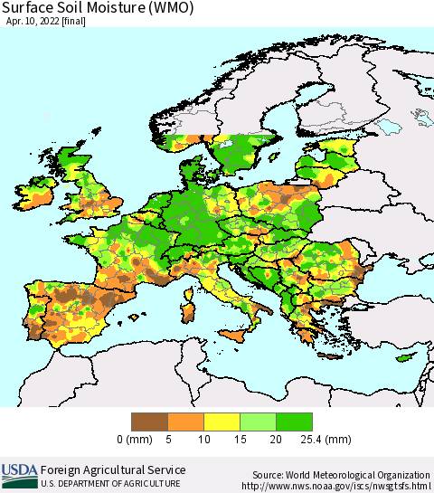 Europe Surface Soil Moisture (WMO) Thematic Map For 4/4/2022 - 4/10/2022