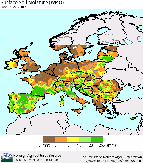 Europe Surface Soil Moisture (WMO) Thematic Map For 4/18/2022 - 4/24/2022