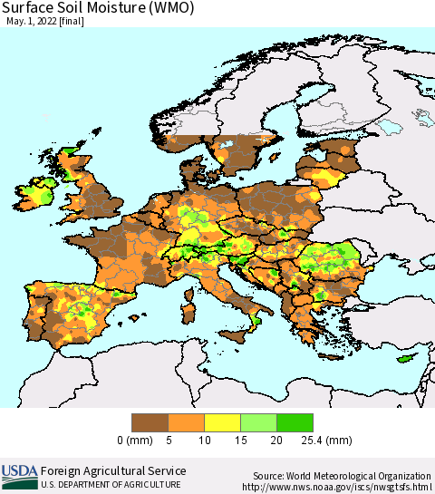 Europe Surface Soil Moisture (WMO) Thematic Map For 4/25/2022 - 5/1/2022