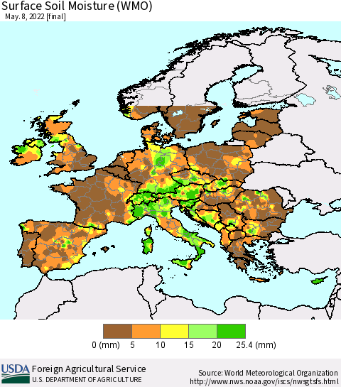 Europe Surface Soil Moisture (WMO) Thematic Map For 5/2/2022 - 5/8/2022