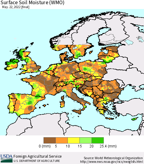 Europe Surface Soil Moisture (WMO) Thematic Map For 5/16/2022 - 5/22/2022