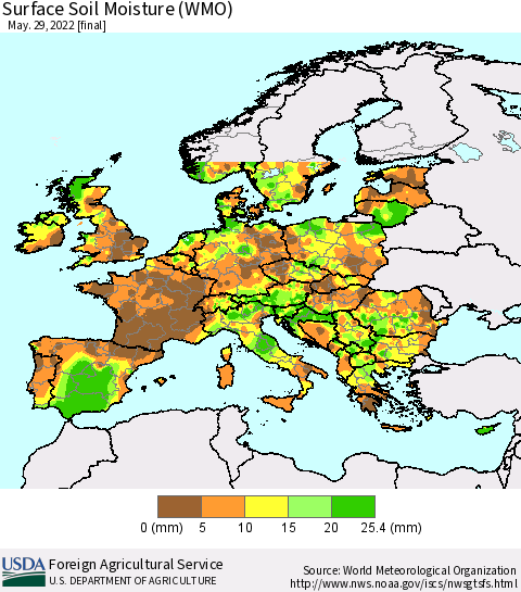 Europe Surface Soil Moisture (WMO) Thematic Map For 5/23/2022 - 5/29/2022
