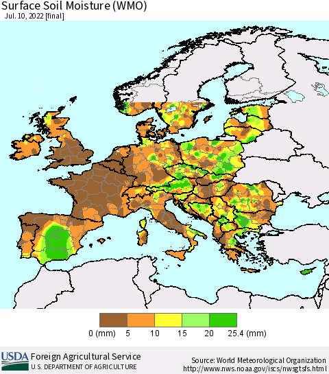 Europe Surface Soil Moisture (WMO) Thematic Map For 7/4/2022 - 7/10/2022