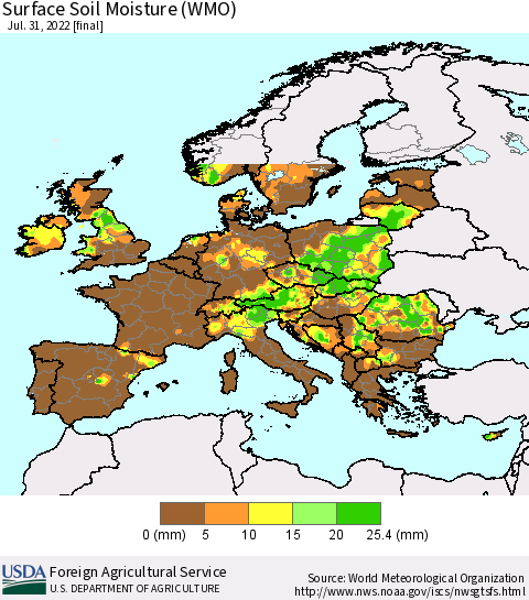 Europe Surface Soil Moisture (WMO) Thematic Map For 7/25/2022 - 7/31/2022