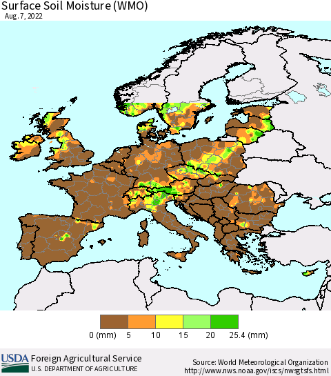Europe Surface Soil Moisture (WMO) Thematic Map For 8/1/2022 - 8/7/2022