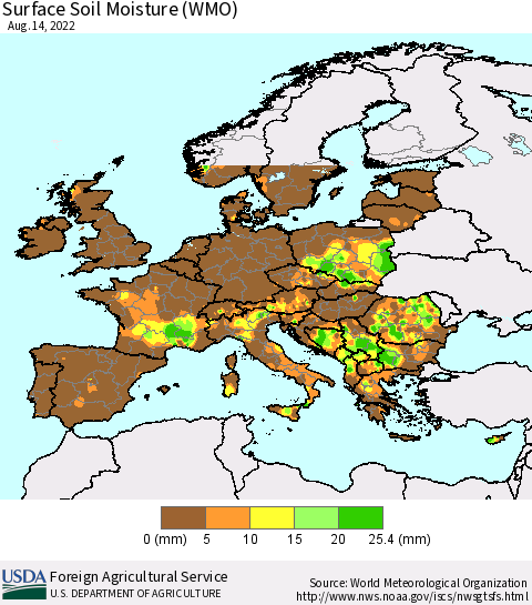 Europe Surface Soil Moisture (WMO) Thematic Map For 8/8/2022 - 8/14/2022