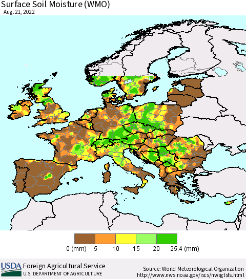 Europe Surface Soil Moisture (WMO) Thematic Map For 8/15/2022 - 8/21/2022
