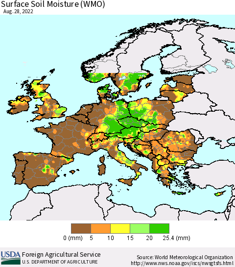 Europe Surface Soil Moisture (WMO) Thematic Map For 8/22/2022 - 8/28/2022
