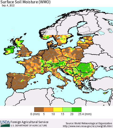 Europe Surface Soil Moisture (WMO) Thematic Map For 8/29/2022 - 9/4/2022