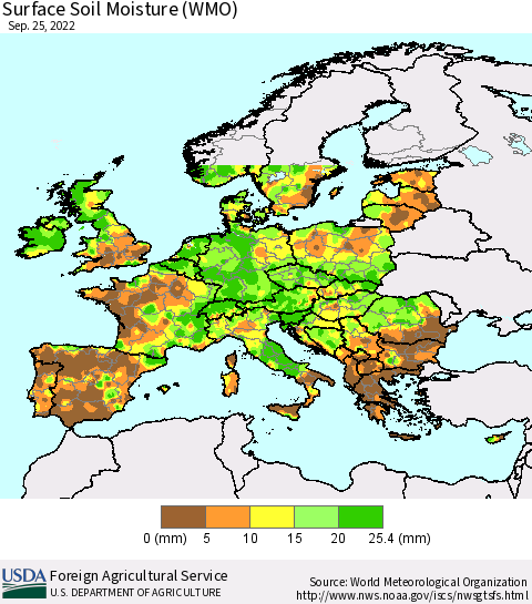 Europe Surface Soil Moisture (WMO) Thematic Map For 9/19/2022 - 9/25/2022