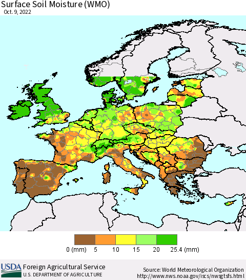 Europe Surface Soil Moisture (WMO) Thematic Map For 10/3/2022 - 10/9/2022
