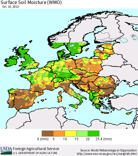 Europe Surface Soil Moisture (WMO) Thematic Map For 10/10/2022 - 10/16/2022