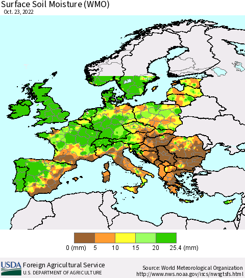 Europe Surface Soil Moisture (WMO) Thematic Map For 10/17/2022 - 10/23/2022